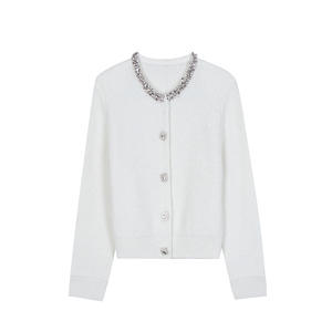 Suéter de Punto de Lana y Alpaca para Mujer, Elegante, Gris, Cuello Redondo, Manga Larga, Cierre de Botón, Adornado con Pedrería, Transpirable, para Primavera - Product Image 2