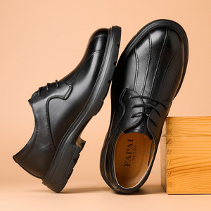 Fapai Men's Genuine Leather Derby Shoes Mid <b>Heel</b> Cushioned Wedding Dress Shoes British Style <b>Round</b> <b>Toe</b> Business Casual - Product Image 1