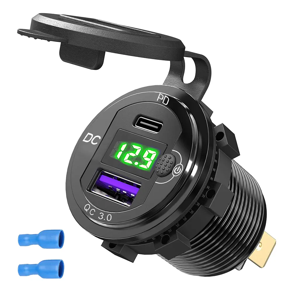 Soket pengisi daya Digital, Voltmeter Digital logam tahan air sepeda motor 12V 2 USB Tipe C PD QC3.0 USB soket dengan saklar ON OFF