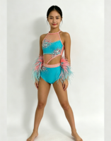Costume de danse jazz à paillettes bleu pour filles, taille petite, deux pièces, pour spectacle, compétition, tenue de danseuse