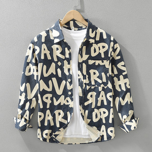 Chemise à manches longues en twill anti-rides pour homme, imprimé graffiti urbain, lettrage <span class=keywords><strong>Paris</strong></span>, respirante, en coton, style streetwear décontracté, OEM - Product Image 6