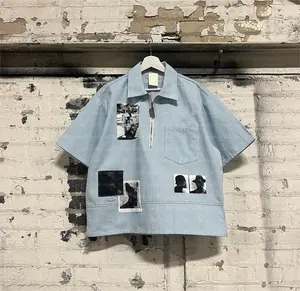 カスタムストリートウェアコットンヘビーウェイトTシャツボクサー1/2ジップストライプパッチ刺Embroidery Tシャツ半袖ワークポロシャツ男性用