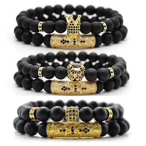 2 unids/set Crown Lion Ball pulsera 8mm pulseras de cuentas de vidrio negro para hombres