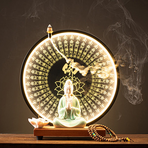 Brûleur d'encens à refoulement en céramique en forme de Guanyin Bodhisattva avec anneau lumineux LED pour micro-paysage de bureau décoratif et bois de <span class=keywords><strong>santal</strong></span> aromatique - Product Image 3