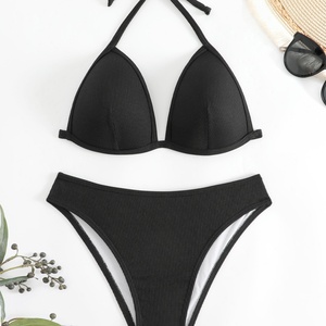 Conjunto de Bikini de Dos Piezas Negro Personalizado con Textura Arrugada, Diseño Sólido, Secado Rápido, Ecológico, Traje de Baño para Mujer, Ropa de Playa a la Moda - Product Image 2