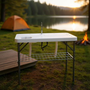 Table de camping d'extérieur DB 101x65.5x92cm pliable en HDPE avec évier et étagère pour la pêche et les pique-niques - Product Image 2