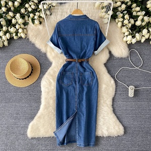 Nuova arrivata cintura estiva da donna con collo a Polo blu semplice Modulare abiti lunghi in <span class=keywords><strong>Denim</strong></span> - Product Image 4