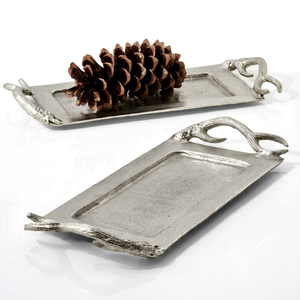 Plateau rectangulaire argenté en aluminium moulé avec accent en forme de bois de cerf, pour la présentation de buffet en milieu sauvage (lot de 2) - Product Image 1