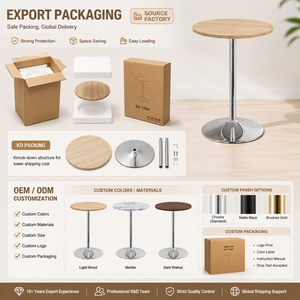 Table de bistrot, café ou bar moderne en gros avec plateau rond en placage de noyer et piétement trompette chromé - Product Image 4