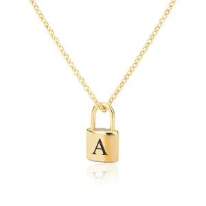 2023 New Unisex Stainless Steel A-Z Initial Letter w Lock Pendant Necklace Gold Chain Custom Name Alphabet Chain Necklace