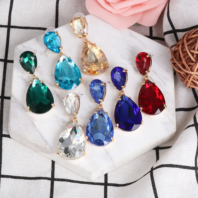 Fast dispatch classic gold plated statement water drop earring jewelry colorful crystal wedding bridal earring