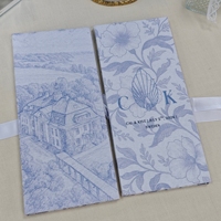Carpeta de Menú de Mesa de Lino Floral Azul Vintage, Monograma Personalizado para Parejas, Cinta de Satén, Invitaciones de Boda Plegables de Tela Estilo Costero Europeo