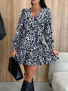 Vestidos estampados de leopardo para mujer con cuello en V con cordones burbuja Vestido sexy de manga larga Elegante Mini vestido de otoño para citas - Product Image 3