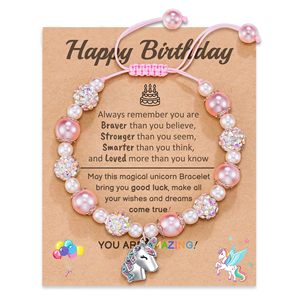 女の子のためのかわいい子供用ジュエリーピンクラインストーンビーズユニコーンブレスレット調整可能クリスタルビーズユニコーンチャームブレスレット - Product Image 1