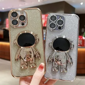 Rotatable bear stand case for iphone 15 electroplated with glitter flakes shockproof case for iphone 14 pro max 13 pro 12 11