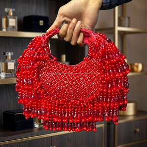 Sac de soirée demi-lune brodé de haute qualité avec anse en anneau, perles rouges faites à la main, fermeture éclair, élégant sac à main de fête - Product Image 2