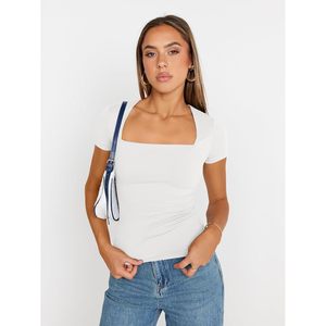 Haut à col carré pour femmes, manches courtes, coupe ajustée, vêtements d'été doux - Product Image 5