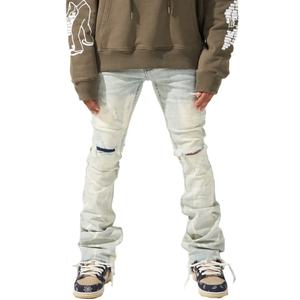 Jean délavé bleu clair tendance, coupe bootcut empilée, effet usé, pour homme - Product Image 4