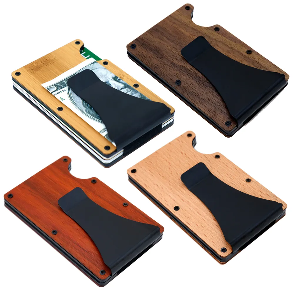 Wood Design Minimalist RFID Blocking Card Holder Wooden Card Wallet Credit Real Wood Slim Aluminum Wallet