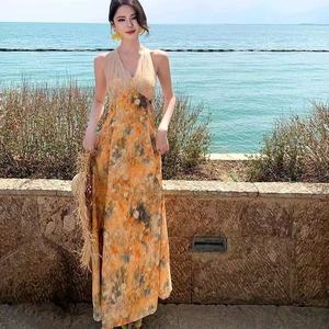 Yellow Halter Dress Tie Dye Print Beach Gown Slim Fit Polyester Summer Vacation Wear - Product Image 3