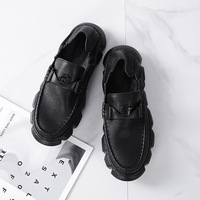 Mocassins Chunky pour Hommes en Cuir Véritable, Bout Rond, à Enfiler, Semelle Extérieure en Caoutchouc Amortie, Logo sur la Langue de la Chaussure, Toutes Saisons, Noir, Chaussures Décontractées