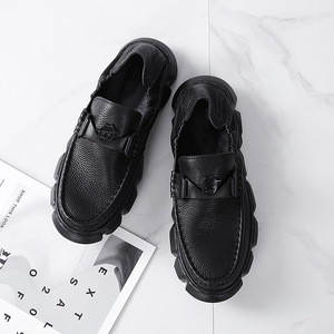 Chunky Loafers Men Genuine Leather <b>Round</b> Toe Slip-On <b>Cushioned</b> All Seasons Black Casual Shoes - Product Image 1