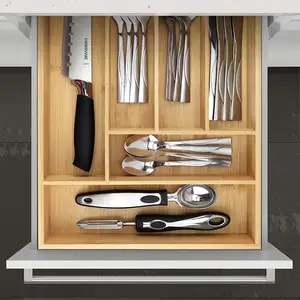 抽屉用竹制餐具银器支架-小型超深木制厨房抽屉，勺子叉刀分隔器