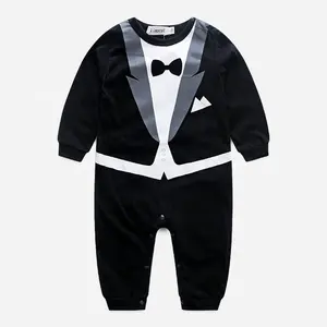 Baby Boy Boss Romper Smoking Macacão Cavalheiro One Piece Button-Down Bowtie Casamento Terno Bodysuit