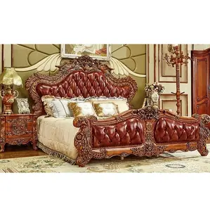 New design classic bedding set genuine leather bedroom sets solid wood carved beds