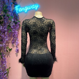 Nouvelle Robe Droite Sexy pour Femme 2026, Longueur Genou, Unie, avec Manches en Dentelle Transparente et Fourrure - Product Image 2