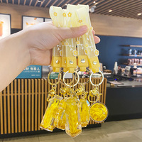 Porte-clés Bouteille Flottante en Acrylique à Liquide Huilé, Motif Anime Mignon Blé Doré Porte-Bonheur, Breloque pour Clés de Voiture et Sacs
