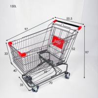 Chariot de courses à double panier en métal, chariot de supermarché à roulettes avec étagère inférieure, corps en treillis métallique antirouille