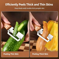 Multifunctionele handmatige groenteschiller met houten handvat, flesopener, roestvrijstalen aardappel- en appelsnijder/julienne-snijmes