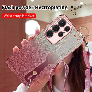 Etui pour <span class=keywords><strong>Samsung</strong></span> Galaxy S24 S23 S22 <span class=keywords><strong>S21</strong></span> S20 Ultra Plus FE 4G 5G Lanyard Dragonne Support GLITTER Placage Silicone - Product Image 2
