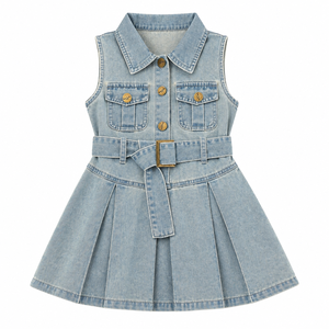 Abito Estivo in Denim per <span class=keywords><strong>Bambina</strong></span> 2026, Senza Maniche, Colletto Polo, con Cintura in Vita, Vestito in <span class=keywords><strong>Jeans</strong></span> a Trapezio, Abbigliamento Casual Vintage per Bambini, Stile Boutique - Product Image 1