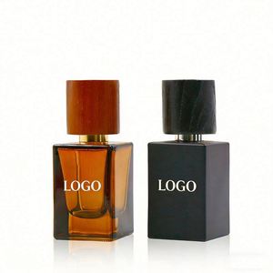 Customized Logo Mens Square 30ml 50ml 100ml Empty Amber & Grey Glass Perfume Bottle with <b>Pump</b> Sprayer, Black Cap & Gold Trim - Product Image 1