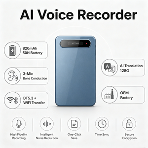 Grabadora de Voz con IA y Traductor en Tiempo Real - Conducción Ósea de 3 Micrófonos, 50H de Grabación, 128G TF, BT5.3 WiFi, Personalización OEM, ISO 9001 - Product Image 1