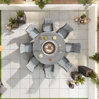 Ensemble de mobilier de jardin en rotin avec foyer extérieur, comprenant un ensemble de salle à manger à gaz 8 places et une table de foyer ronde de 1,8 m pour cour, hôtel et parc