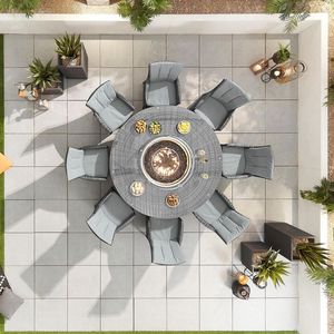 Outdoor Tuin Patio Vuurkorf Meubels Sets Rieten 8 Seat Vuurkorf Gas Dining Set Met 1.8M Ronde Fire pit Tafel