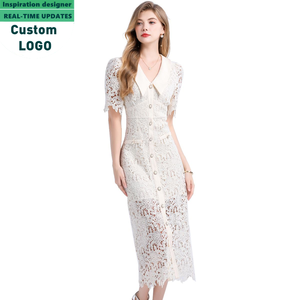 Robes décontractées élégantes pour femmes, style français, à manches courtes, en dentelle, col à revers, coupe ajustée - Product Image 6