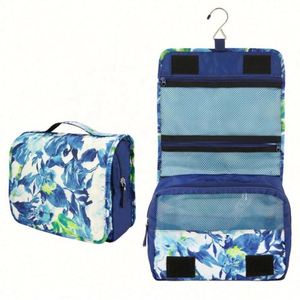 Women Custom Designer Blue Floral Zipper Foldable Large Capacity Travel Toiletry Makeup Cosmetic Bag With Hanging <b>Hook</b> - Product Image 1