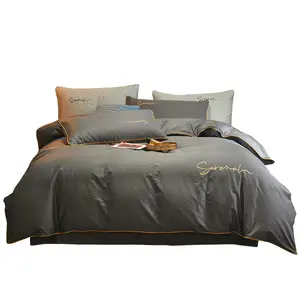 Juego de cama de algodón puro, ropa de cama nórdica sencilla bordada, color sólido de lujo, cuatro piezas