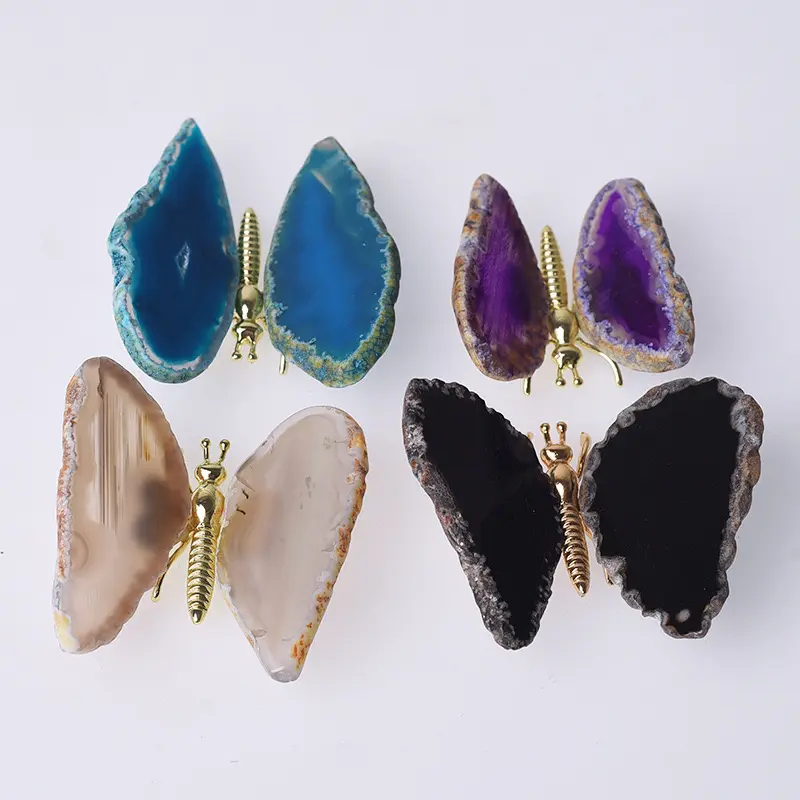 Wholesale Handmade Natural Healing Crystal Colorful Agate Slice Butterfly For Home Decoration
