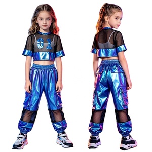 Ensemble de danse hip-hop pour filles : pantalon baggy métallisé, crop top en maille, costume de danse de rue pour enfants, performance, compétition, personnalisable - Product Image 4