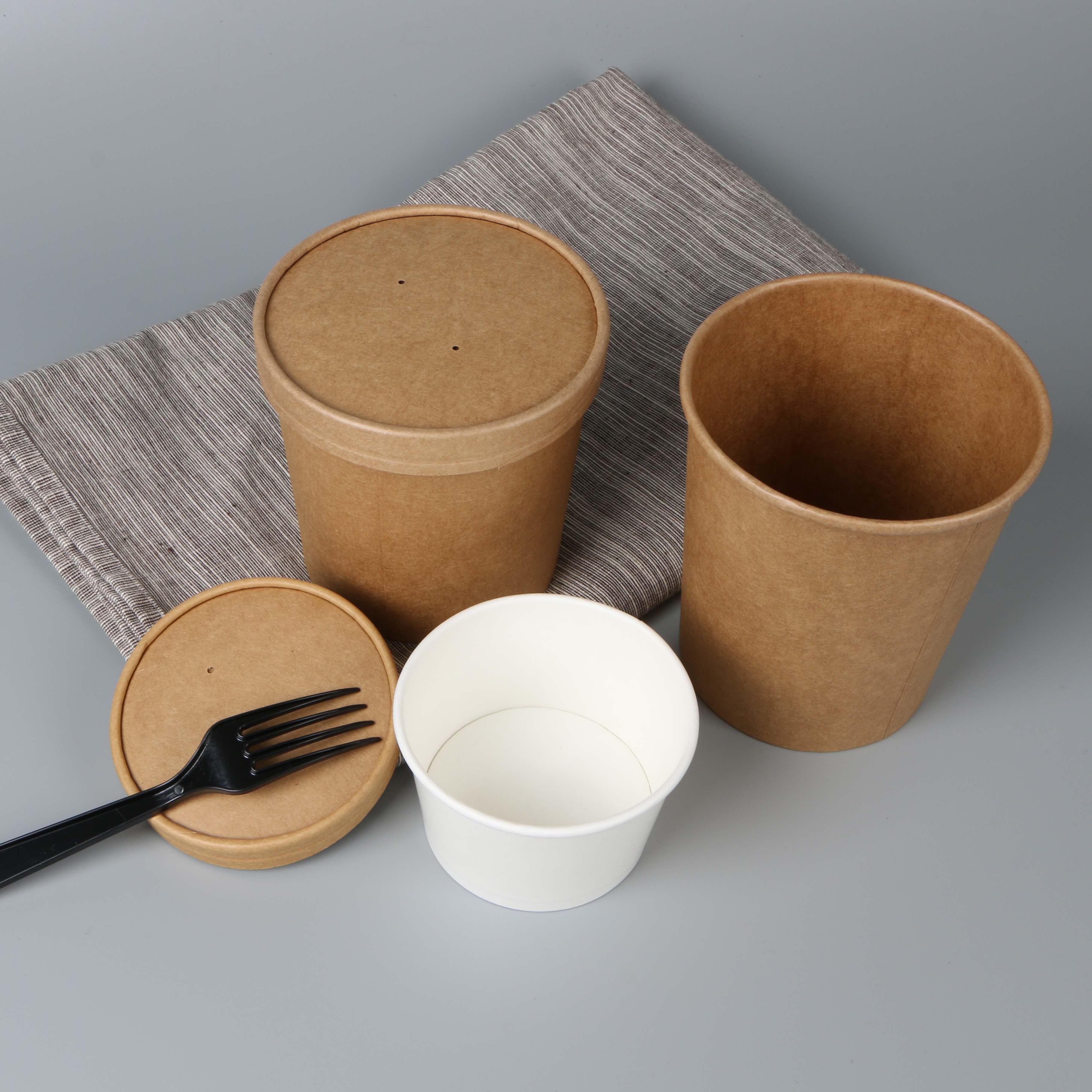 Eco Friendly Disposable Takeaway Food Container Kraft Paper Noodle Bowls Hot Soup Cups With Paper Flat Lid