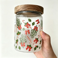 Pot de rangement en verre transparent à rayures verticales avec motif de Noël, couvercle en bois d'acacia et cuillère en métal assortie pour café, sucre, thé, noix