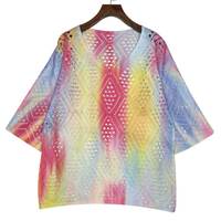 Blouse tricotée décontractée pour femme, col en V, manches trois quarts, imprimé arc-en-ciel dégradé, ajourée, coupe ample, pour l'été et le quotidien