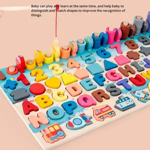 กระดานปริศนาไม้เอนกประสงค์ ตัวอักษร ตัวเลข และจราจร ของเล่นเสริมพัฒนาการ พร้อมเกมตกปลาและตัวต่อ สำหรับเด็กอายุ 14 ปีขึ้นไป - Product Image 2