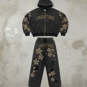 <b>Mens</b> Vintage Distressed Oversized 100% Cotton Rhinestone Tracksuit <b>Hoodie</b> and Pants Set Streetwear Hip Hop Two-Piece Outdoor - Product Image 1