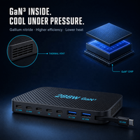 Chargeur de bureau GaN 288W 8-en-1 USB-C PD3.0 Station de charge rapide Sortie 100W Câble rétractable 70cm pour la maison et le bureau